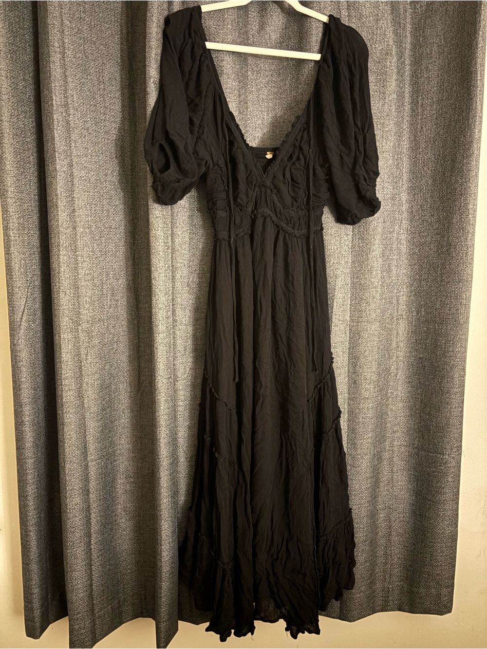 Free People Black Puff-Sleeve Maxi Dress with V-Neck